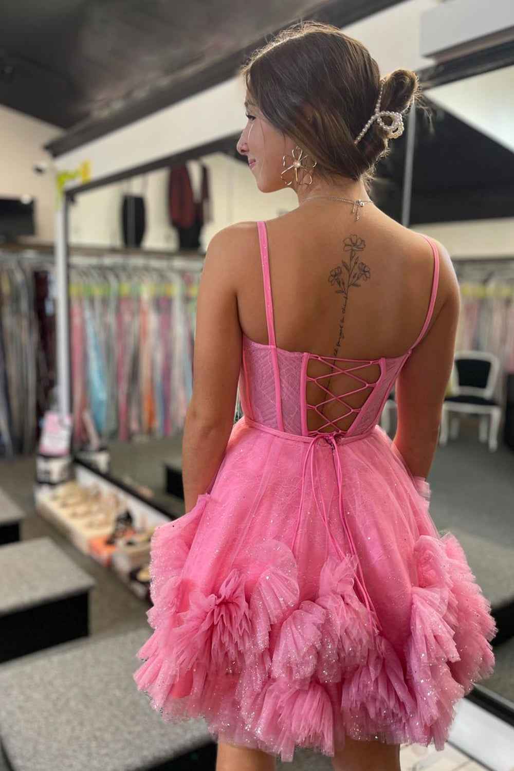 Glitter Pink Corset Tulle A-Line Tulle Short Homecoming Dress With Pocket Bmbride