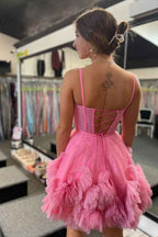 Glitter Pink Corset Tulle A-Line Tulle Short Homecoming Dress With Pocket Bmbride