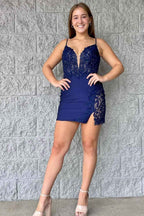 Light Blue Corset Spaghetti Straps Tight Short Homecoming Dress with Slit