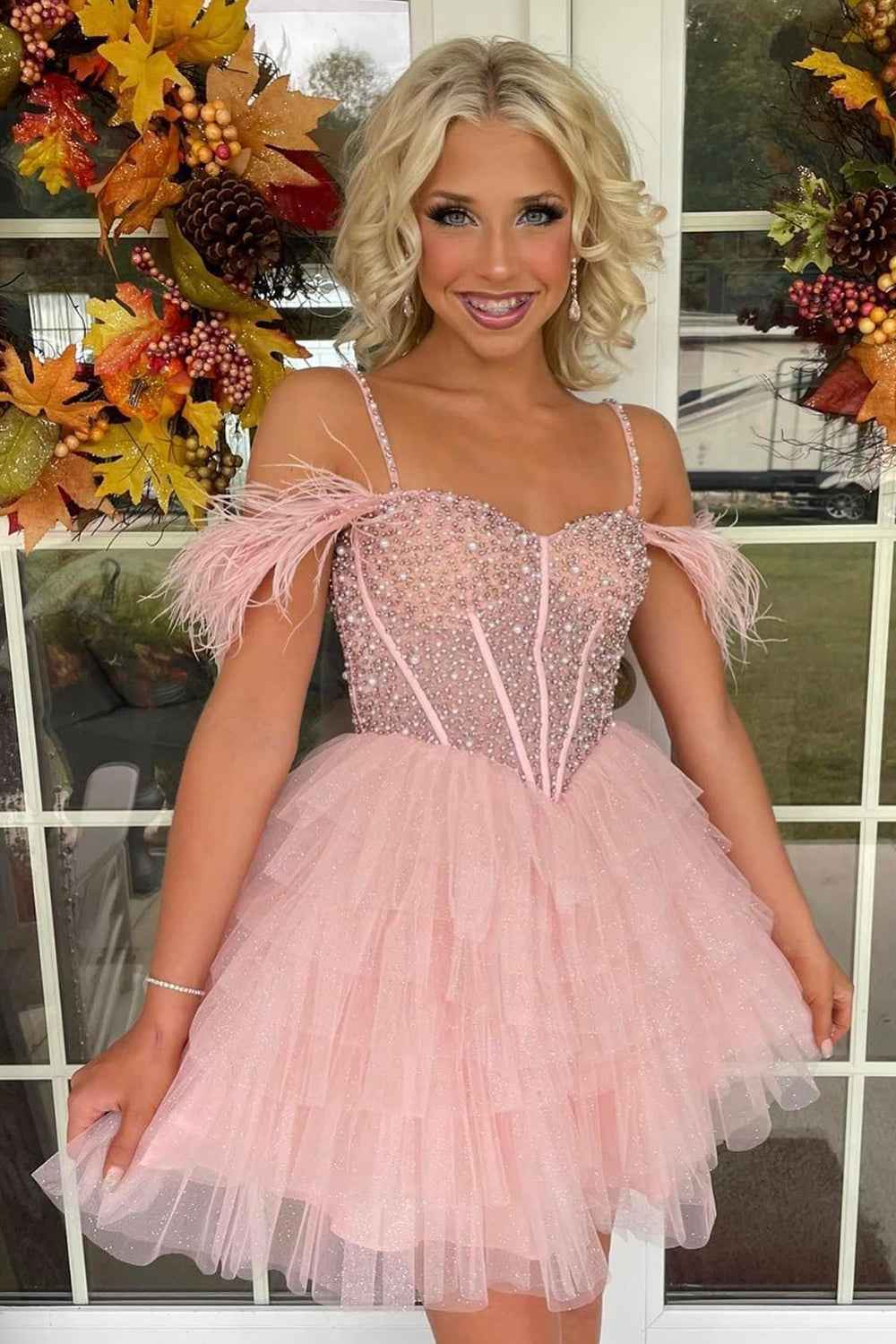 Sparkly Black Beaded Corset Ruffled Short Homecoming Dress With Feathers Bmbride