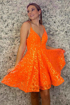 Sparkly Orange Sequined A Line Short Homecoming Dress Bmbride