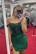 Sparkly Dark Green Detachable Off the Shoulder Satin Tight Short Homecoming Dress with Sequins Bmbride