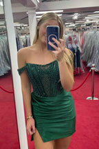 Sparkly Dark Green Detachable Off the Shoulder Satin Tight Short Homecoming Dress with Sequins Bmbride