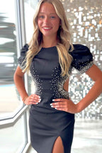 Blue Beaded Puff Sleeves Short Homecoming Dress