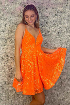 Sparkly Orange Sequined A Line Short Homecoming Dress Bmbride