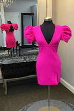 Simple Fuchsia V-Neck Short Sleeves Tight Short Homecoming Dress Bmbride