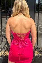 Sparkly Hot Pink Beaded Corset Tight Short Homecoming Dress Bmbride