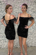 Sparkly Feathered Black Sequined Bodycon Homecoming Dress Bmbride