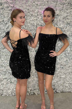 Sparkly Feathered Black Sequined Bodycon Homecoming Dress Bmbride
