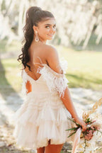 Blue Ruffled Short Homecoming Dress With Feathers Bmbride