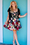 Black A Line Flower Print Short Homecoming Dress