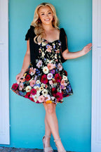 Black A Line Flower Print Short Homecoming Dress