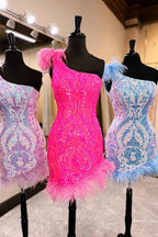 Sparkly Hot Pink Sequins Tight Short Homecoming Dress With Feather Bmbride