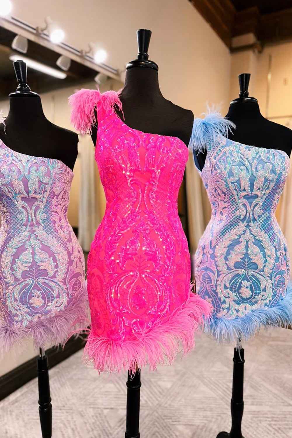 Sparkly Hot Pink Sequins Tight Short Homecoming Dress With Feather Bmbride