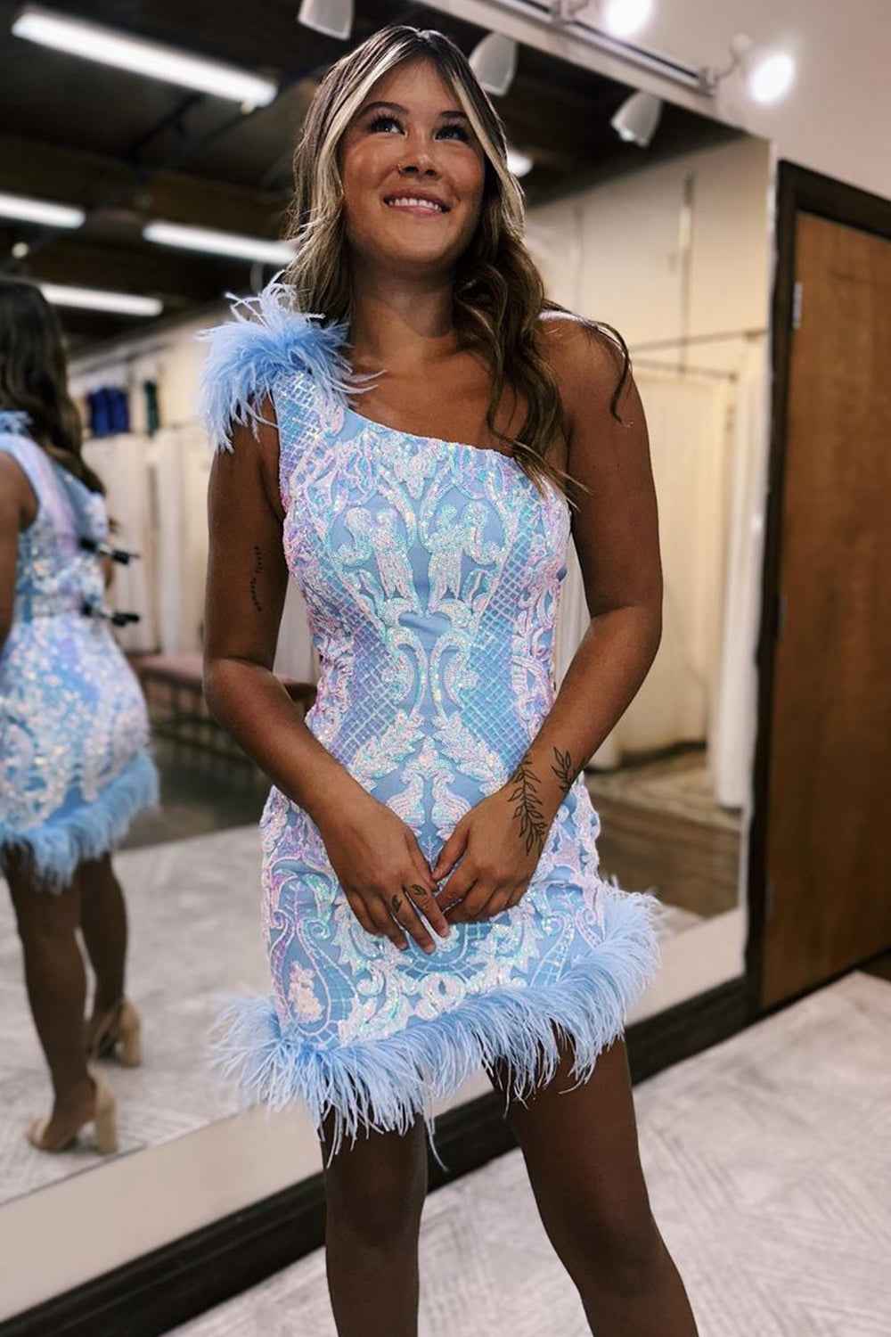 Sparkly Hot Pink Sequins Tight Short Homecoming Dress With Feather Bmbride