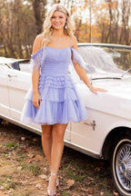 Blue Ruffled Short Homecoming Dress With Feathers Bmbride