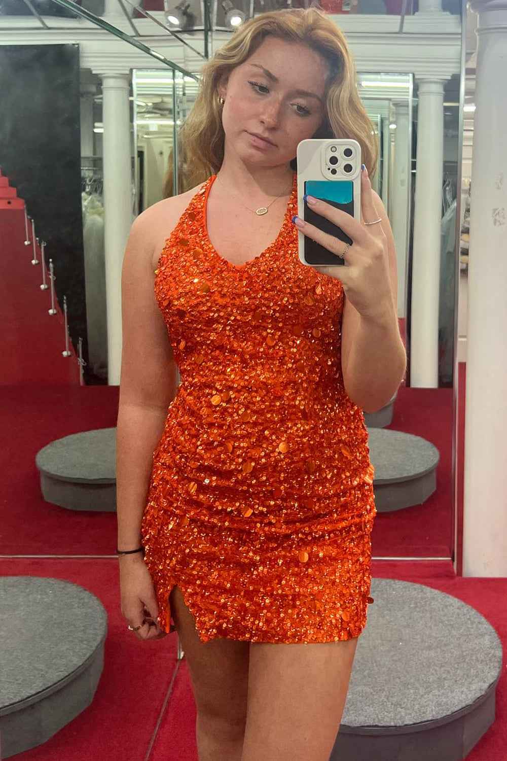 Sparkly Dark Green Halter Open Back Bodycon Homecoming Dress With Sequins Bmbride