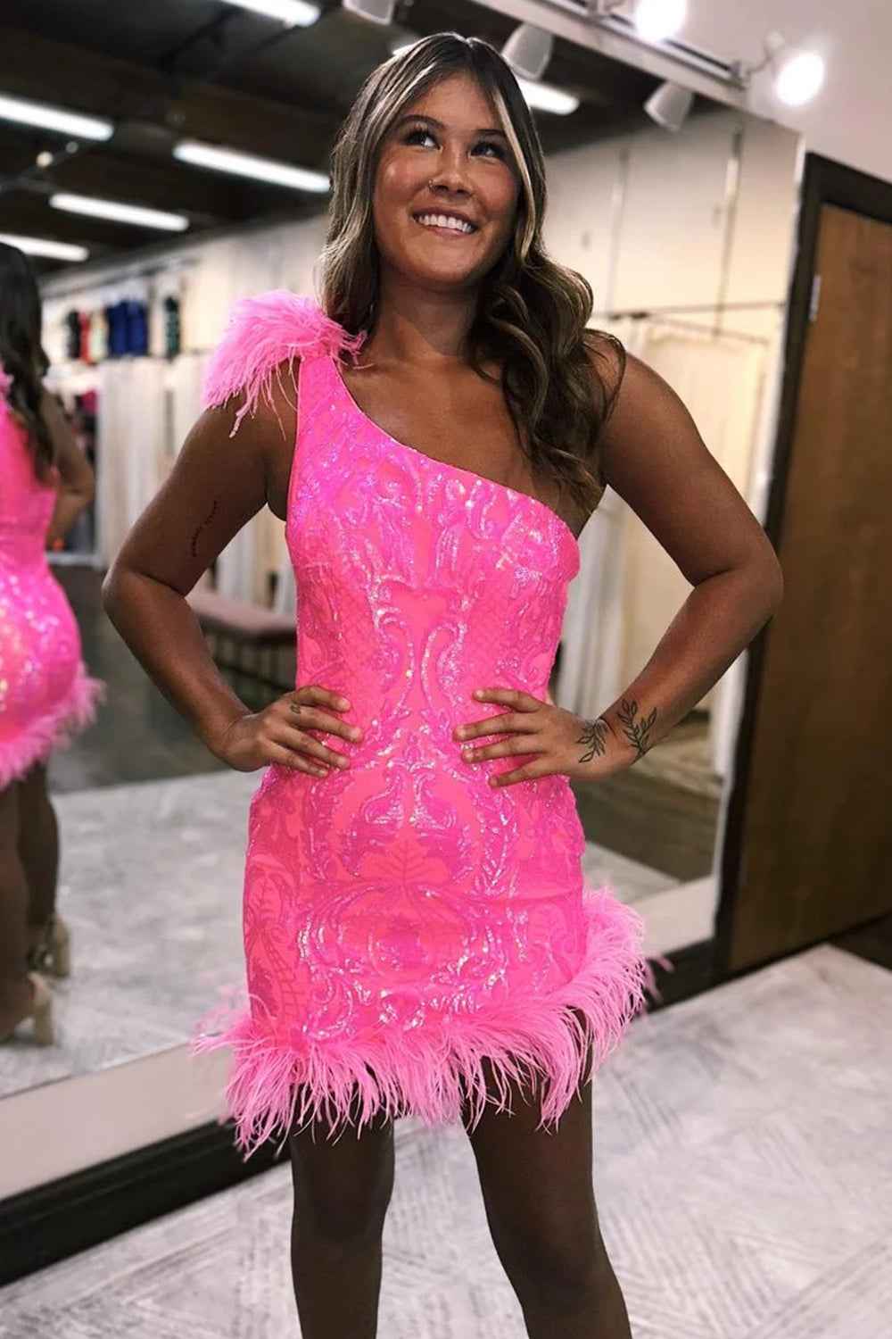 Sparkly Hot Pink Sequins Tight Short Homecoming Dress With Feather Bmbride