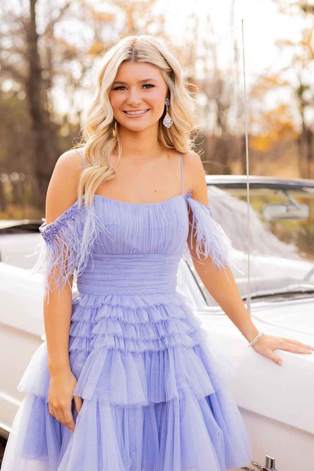 Blue Ruffled Short Homecoming Dress With Feathers Bmbride