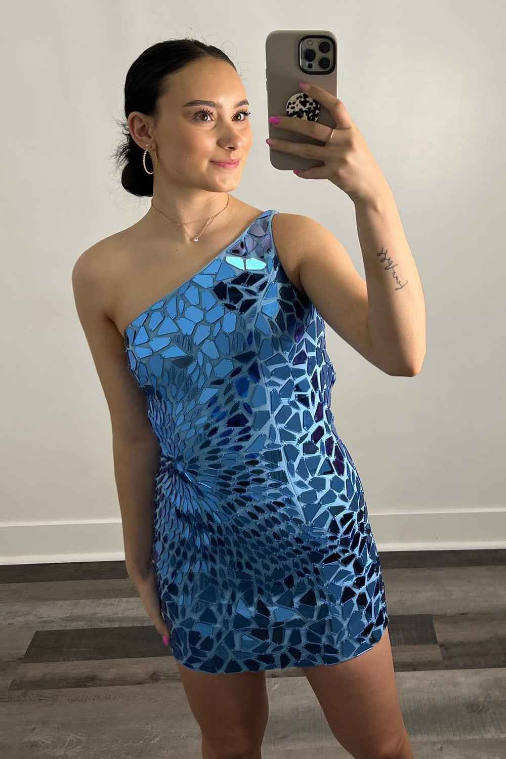 Sparkly Fuchsia Mirror One Shoulder Tight Short Homecoming Dress Bmbride