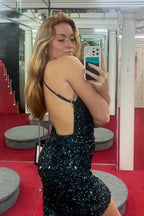 Sparkly Dark Green Halter Open Back Bodycon Homecoming Dress With Sequins Bmbride