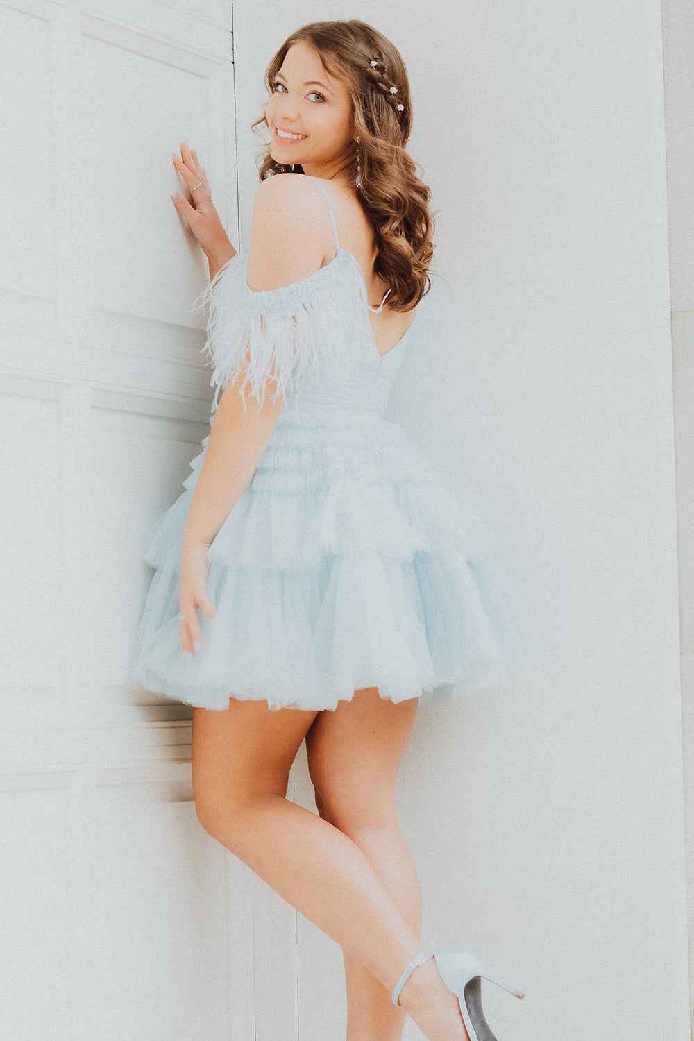 Blue Ruffled Short Homecoming Dress With Feathers Bmbride