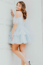Blue Ruffled Short Homecoming Dress With Feathers Bmbride