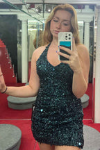 Sparkly Dark Green Halter Open Back Bodycon Homecoming Dress With Sequins Bmbride
