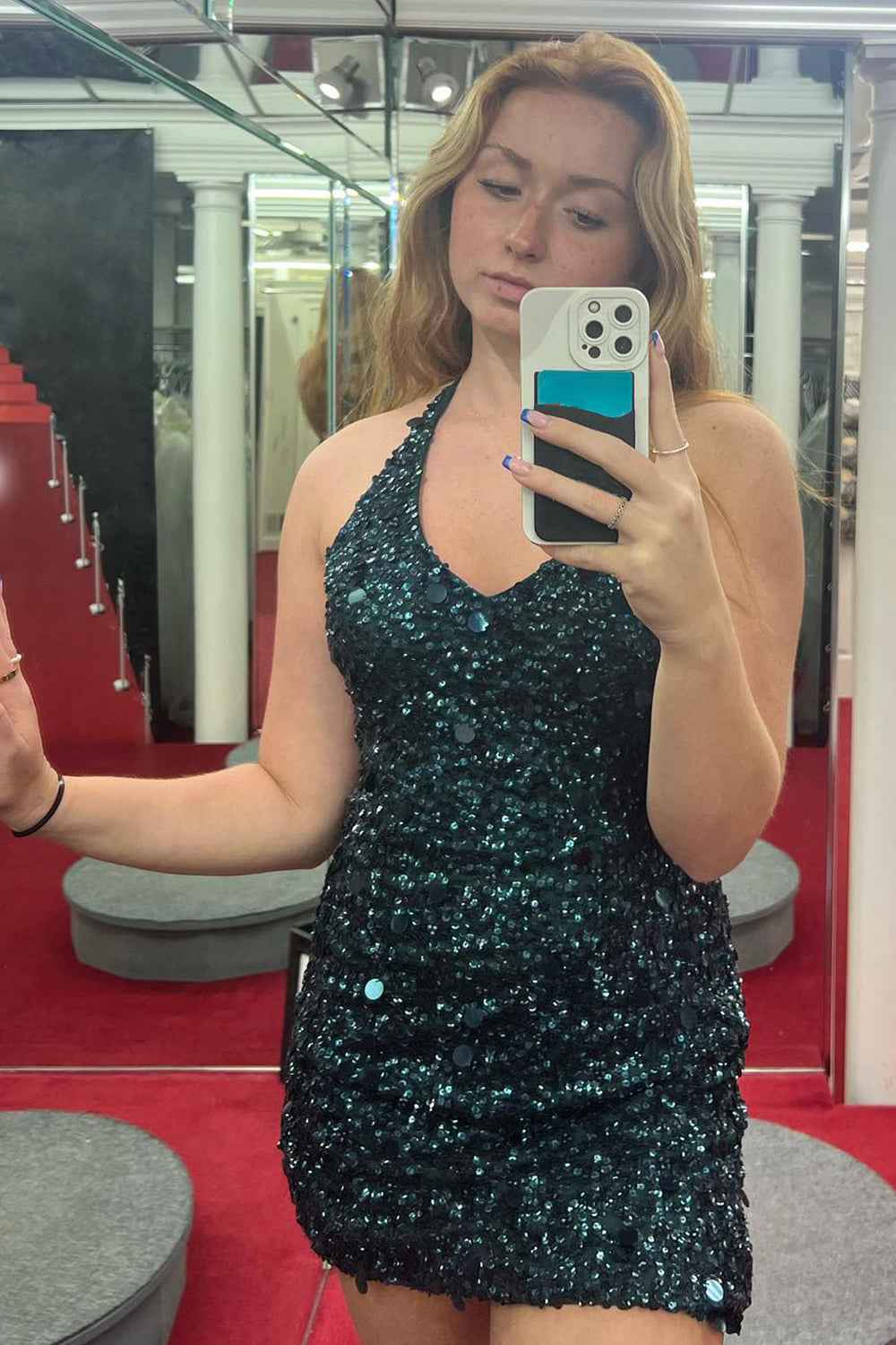 Sparkly Dark Green Halter Open Back Bodycon Homecoming Dress With Sequins Bmbride