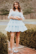 Blue Ruffled Short Homecoming Dress With Feathers Bmbride