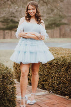 Blue Ruffled Short Homecoming Dress With Feathers Bmbride