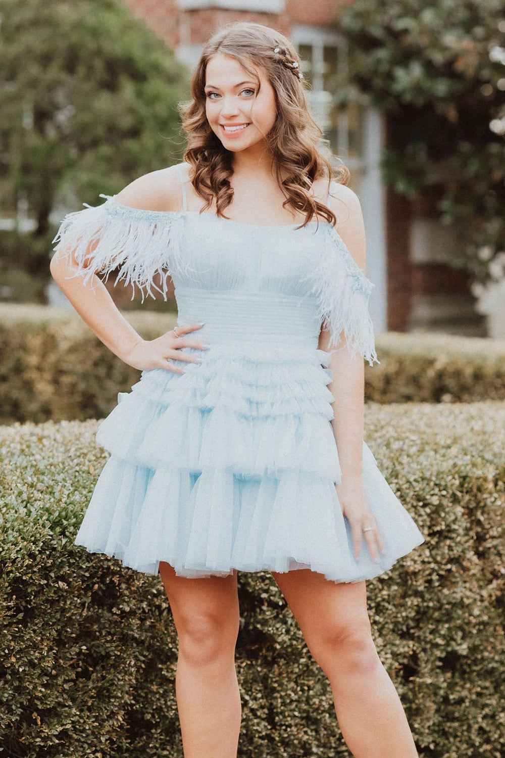 Blue Ruffled Short Homecoming Dress With Feathers Bmbride