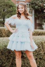 Blue Ruffled Short Homecoming Dress With Feathers Bmbride