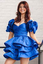 Royal Blue Off The Shoulder A Line Tiered Short Homecoming Dress Bmbride