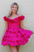 Blue Off The Shoulder Corset Short Homecoming Dress With Ruffles Bmbride