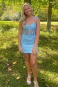 Sparkly Blue Corset Sequins Tight Short Homecoming Dress With Feathers Bmbride