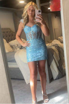 Sparkly Blue Corset Sequins Tight Short Homecoming Dress With Feathers Bmbride