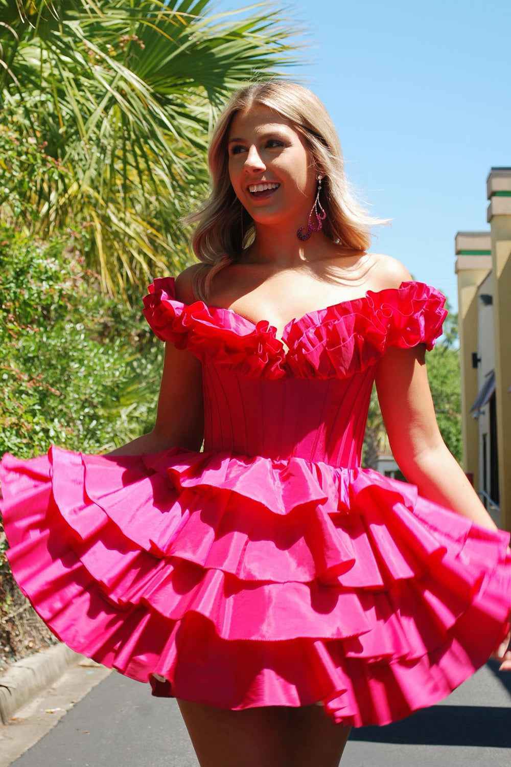Blue Off The Shoulder Corset Short Homecoming Dress With Ruffles Bmbride