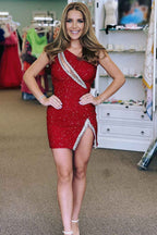 Sparkly Black Sequins One Shoulder Tight Short Homecoming Dress Bmbride