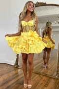 Yellow Corset A Line Short Homecoming Dress With 3D Flowers Bmbride