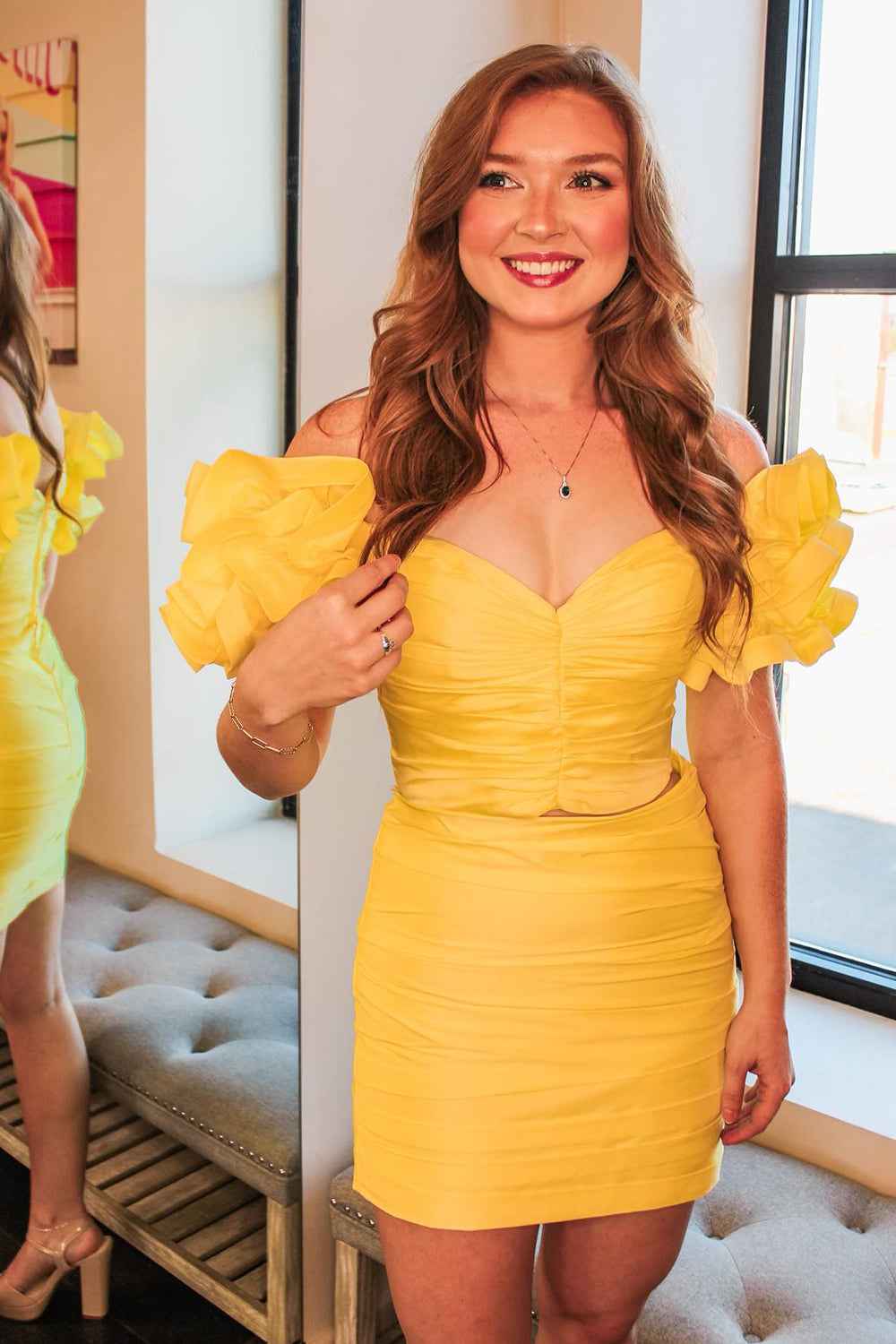 Yellow Off The Shoulder Puff Sleeves Tight Short Homecoming Dress Bmbride