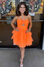 Fuchsia Keyhole Halter Tulle A Line Short Homecoming Dress with Ruffles Bmbride