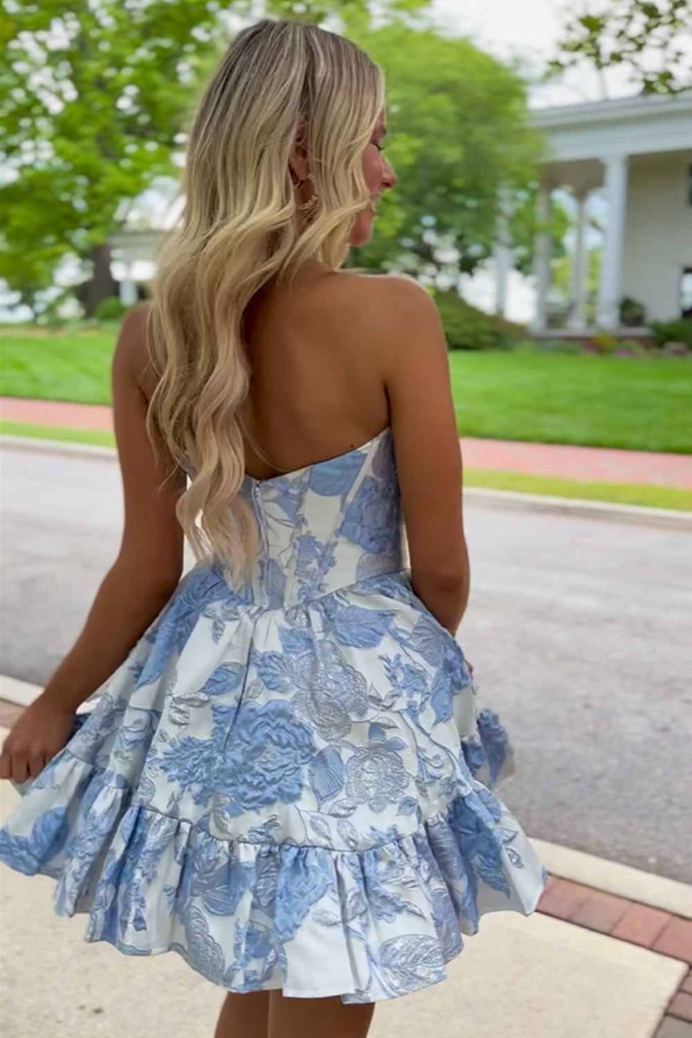 Blue Strapless Floral A-Line Printed Corset Short Homecoming Dress with Ruffles