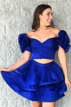 Royal Blue Off The Shoulder A Line Tiered Short Homecoming Dress Bmbride
