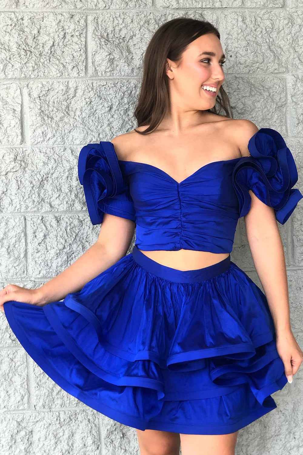 Royal Blue Off The Shoulder A Line Tiered Short Homecoming Dress Bmbride