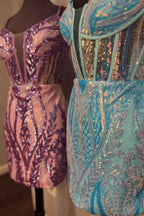 Sparkly Dark Purple Sequins Corset Tight Short Homecoming Dress