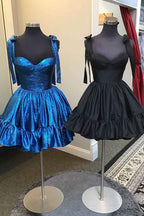 Blue Metallic Spaghetti Straps A Line Tiered Short Homecoming Dress Bmbride