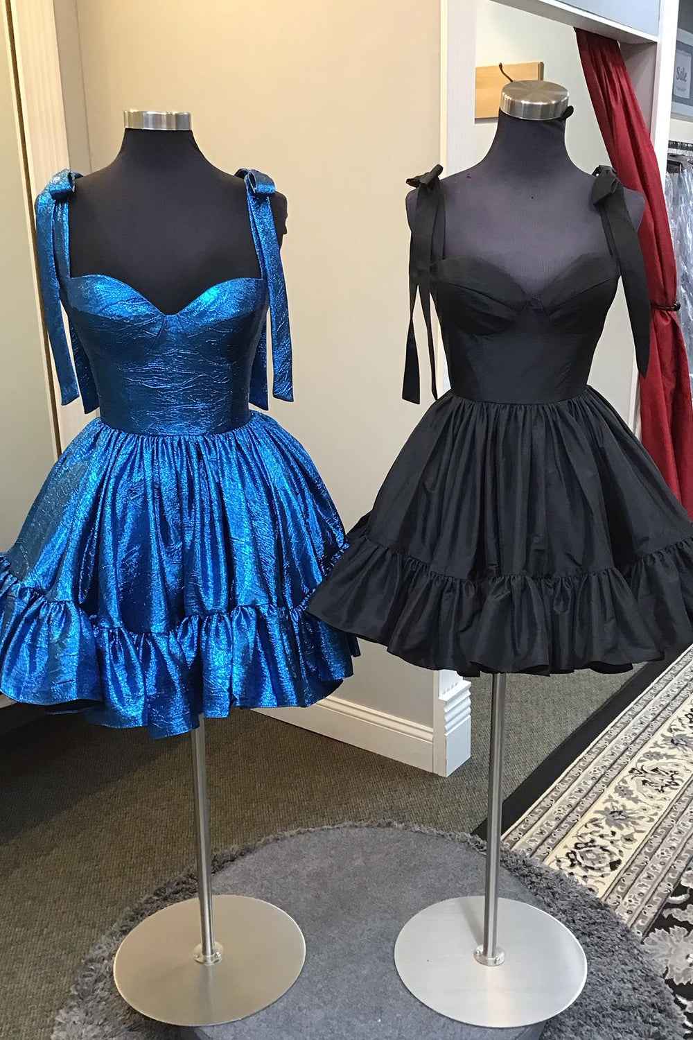 Blue Metallic Spaghetti Straps A Line Tiered Short Homecoming Dress Bmbride