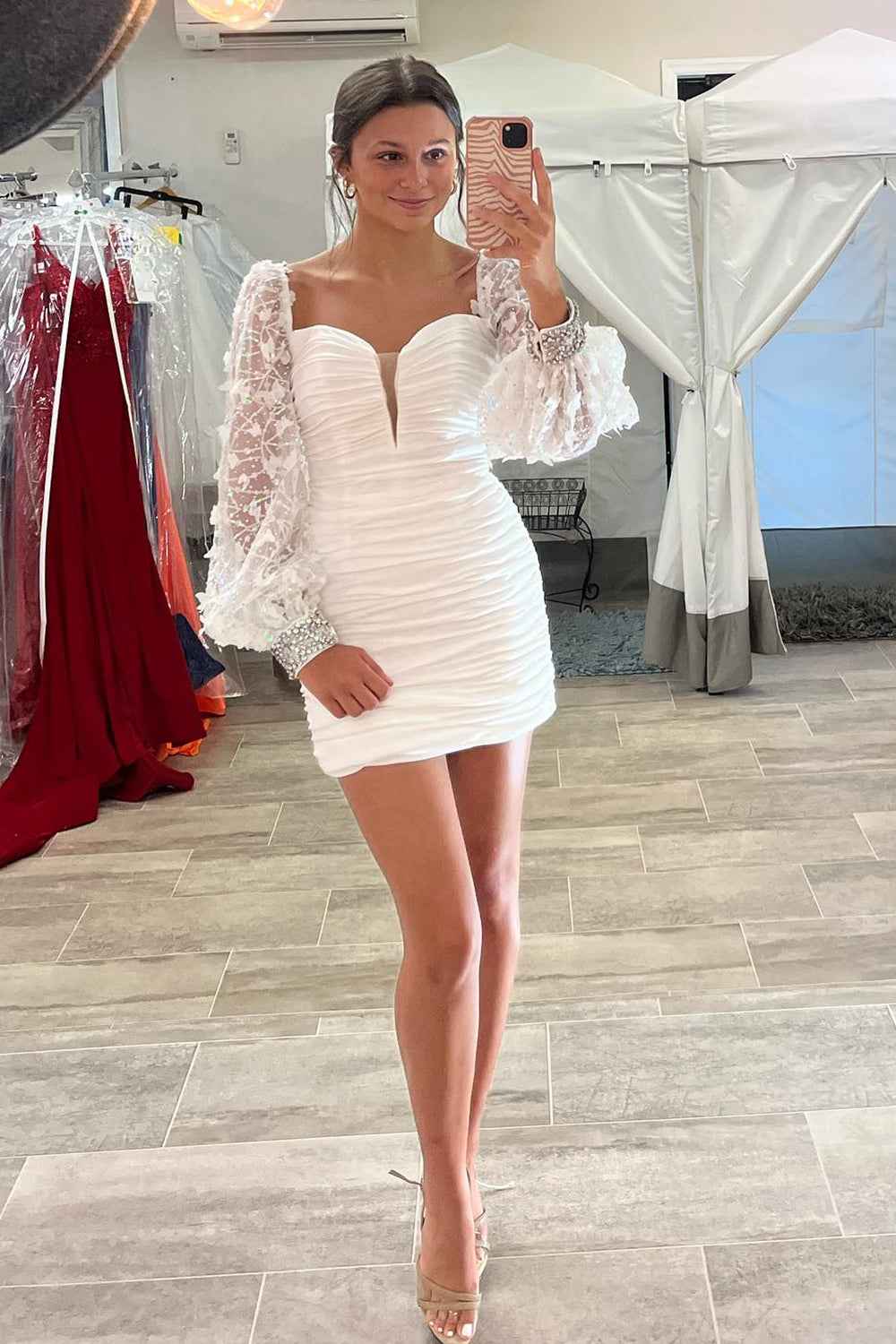 Sparkly White Long Sleeves Short Homecoming Dress Bmbride