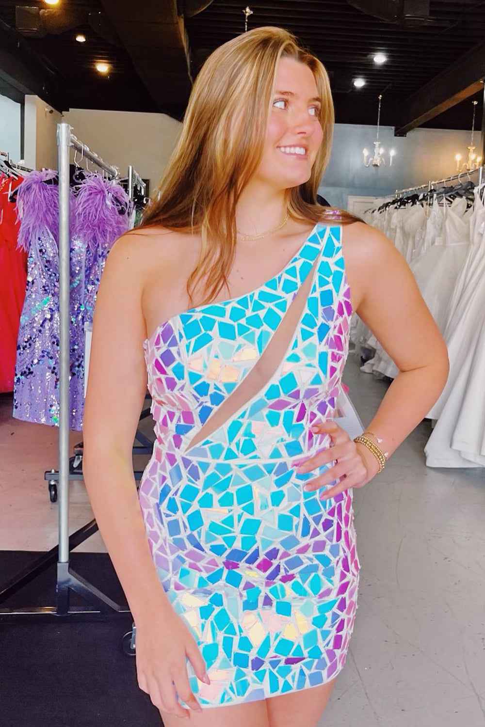 Sparkly Mirror Silver One Shoulder Tight Short Homecoming Dress Bmbride